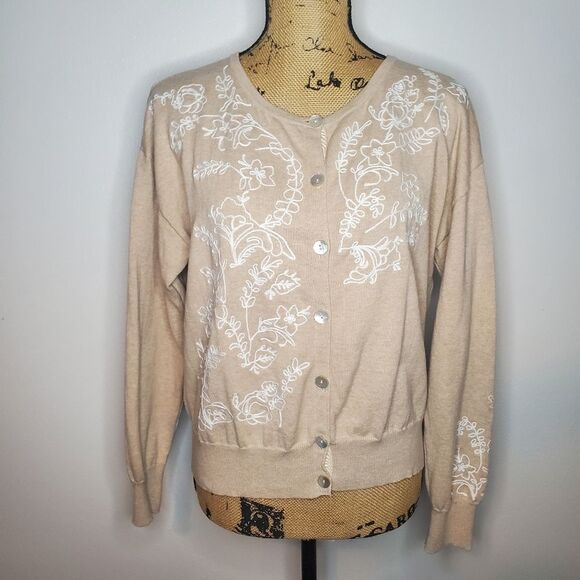 Sundance Embroidered Floral Tan Cardigan Sweater Size M - Picture 1 of 9